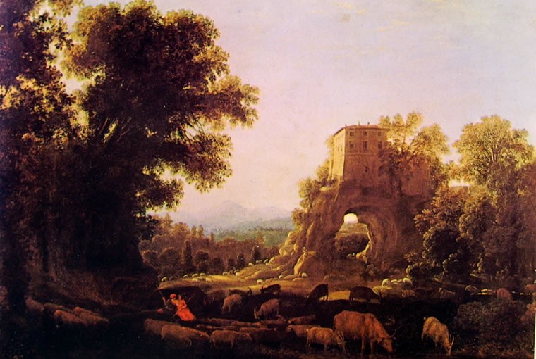 Claude Gellée detto Lorrain: Paesaggio con pastori, cm. 62 x 89, Manning, New York , N. Y.